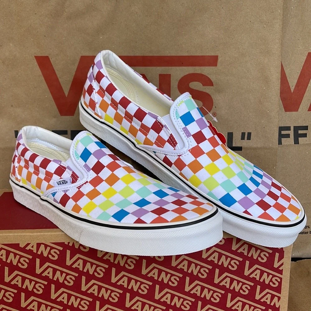 Vans Classic Slip On Checkerboard Rainbow/True White sneakers WMNS - Picture 6 of 16